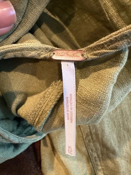 Free People Green Linen Blend Jumpsuit XL Baggy Cargo Pockets Relaxed Lagenlook - Picture 3 of 10